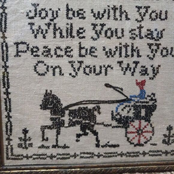 Antique Framed Cross Stitch Sampler-Joy Be With You-Folkart-Needlepoint-Primitve - Picture 5 of 8